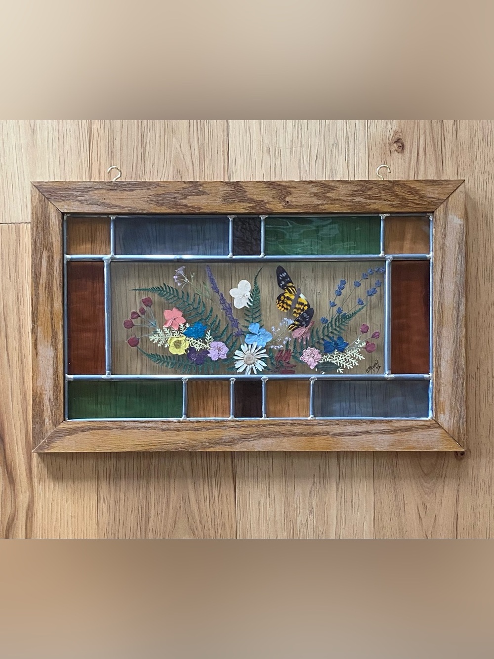 Vtg Leaded Glass Framed Panel Art Real Pressed Flowers & Butterfly 12x19 Signed